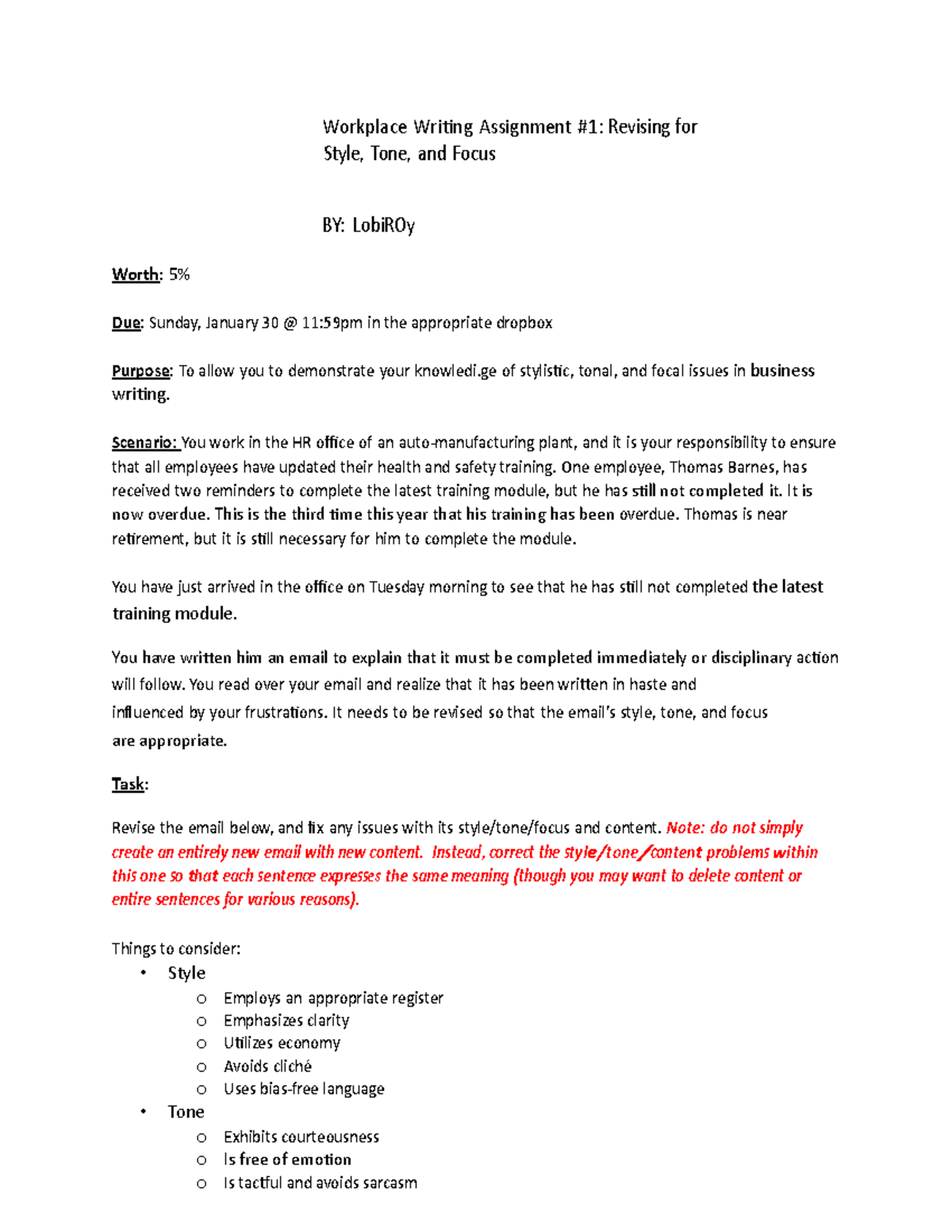 Workplace Writing Assignment 1 Revising for Style Tone and Focus