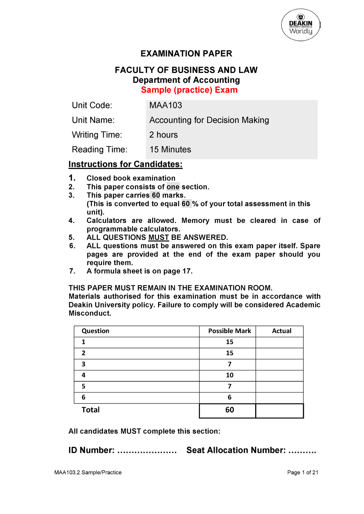 Practice Exam 15 September 2016, questions - EXAMINATION PAPER FACULTY ...