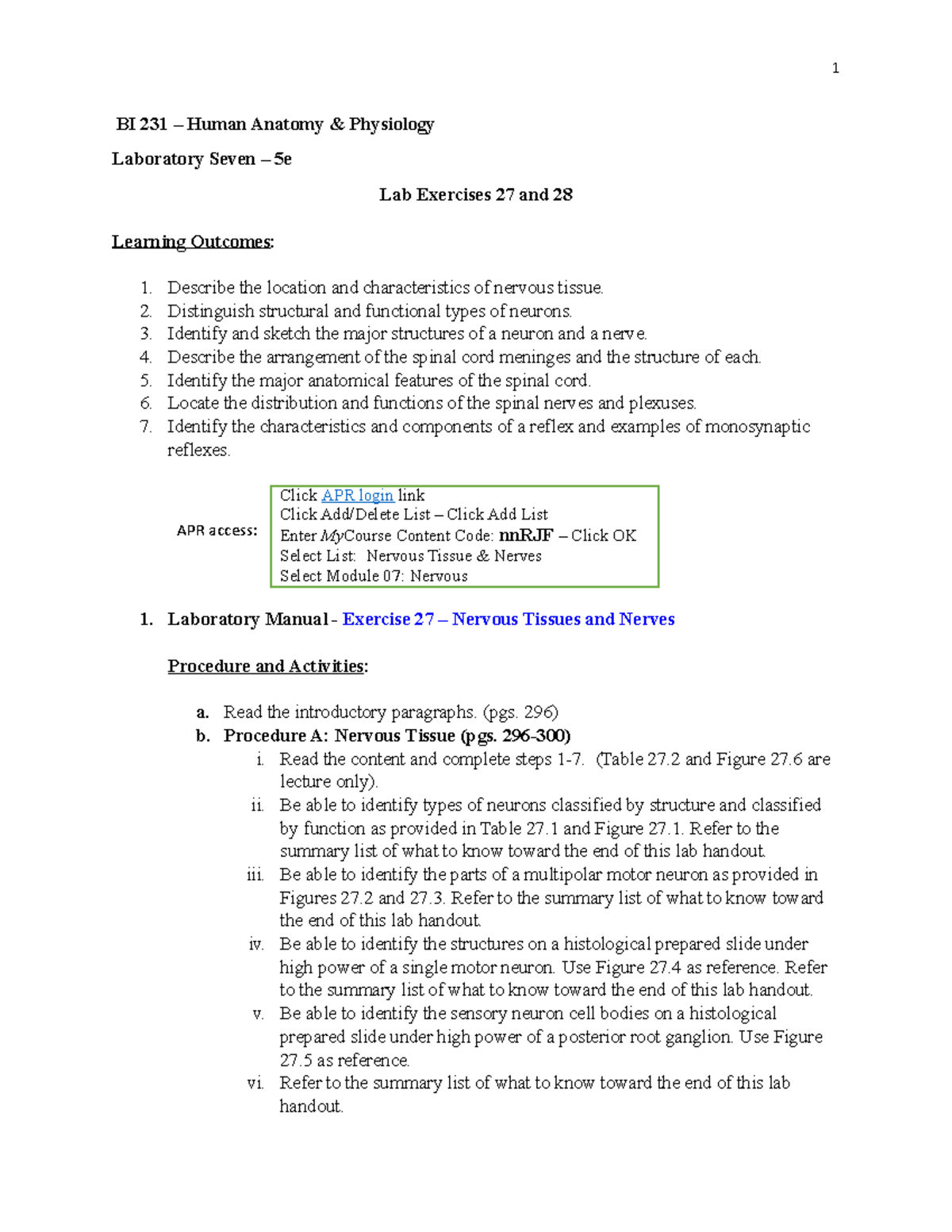BI 231 - Laboratory 7 - 5e - BI 231 – Human Anatomy & Physiology ...