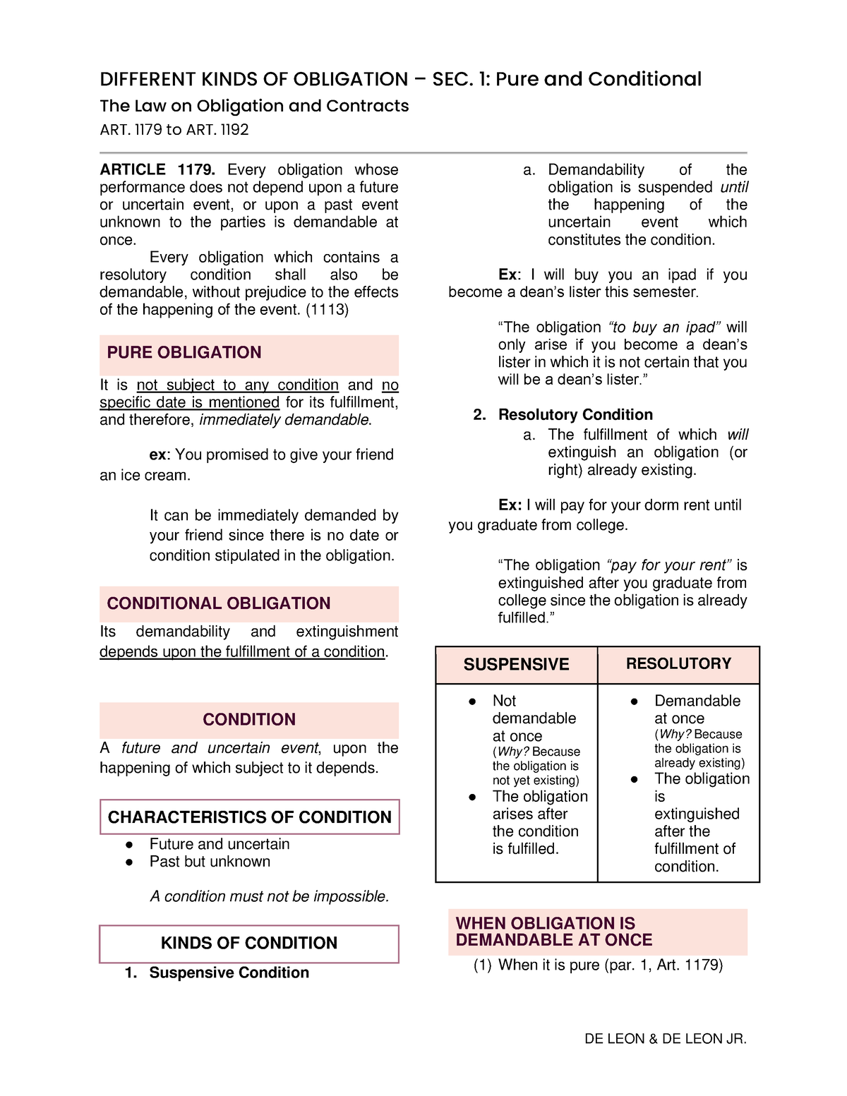 Obligations And Contracts - Chapter 3; SEC 1 Pure And Conditional ...