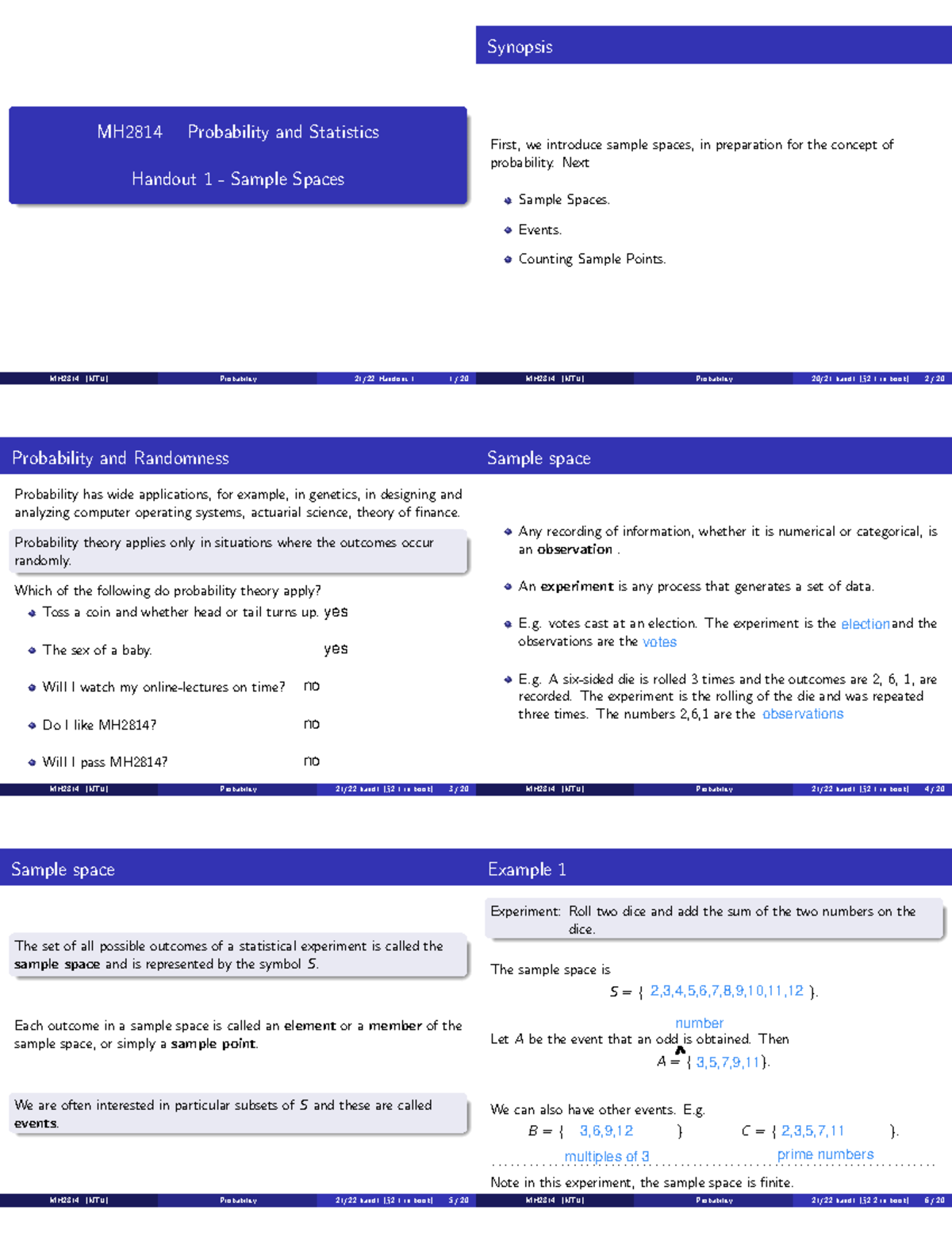 Lect 1&2 probability and statistics - MH2814 Probability and Statistics ...