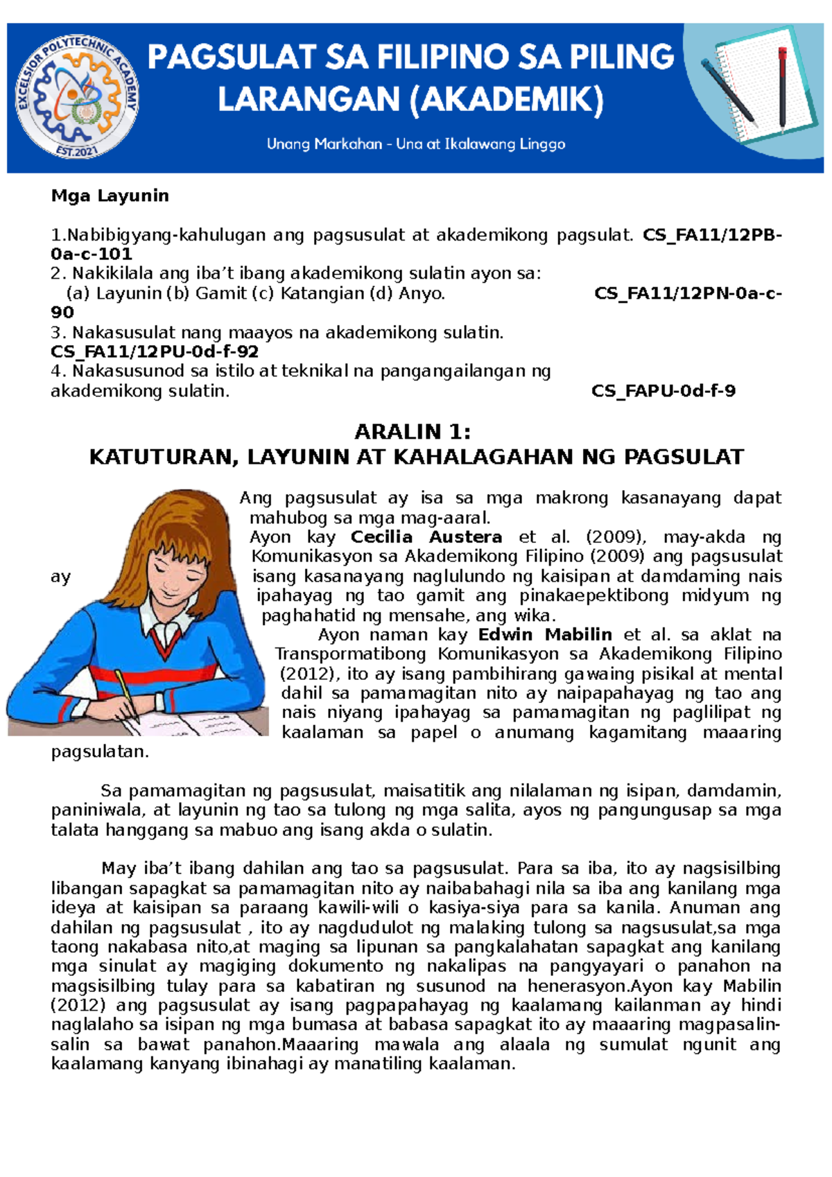 Pagsulat Q1 Summary W1-2 - Mga Layunin 1-kahulugan Ang Pagsusulat At ...