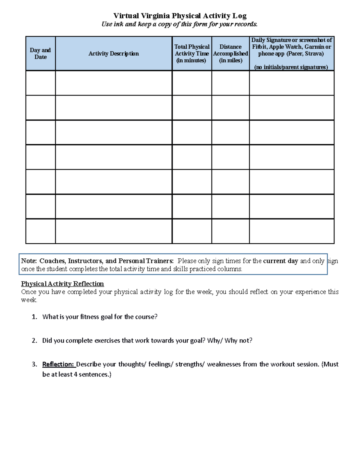 Virtual VA Weekly Physical Activity Log - Virtual Virginia Physical ...