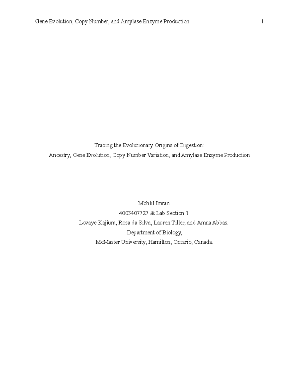 Biology Formal Lab Report - Imran^J M - Gene Evolution, Copy Number ...