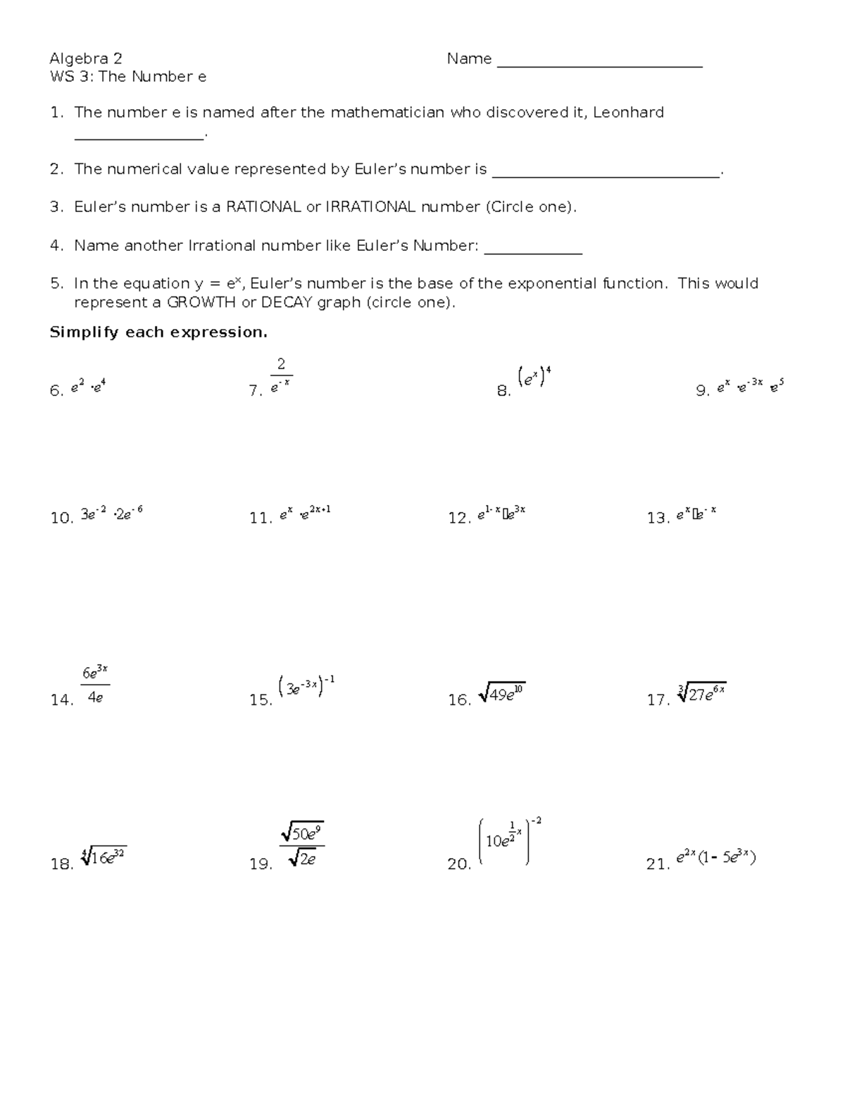 WS 3 The Number e (properties of Exponents) - Algebra 2 Name ...