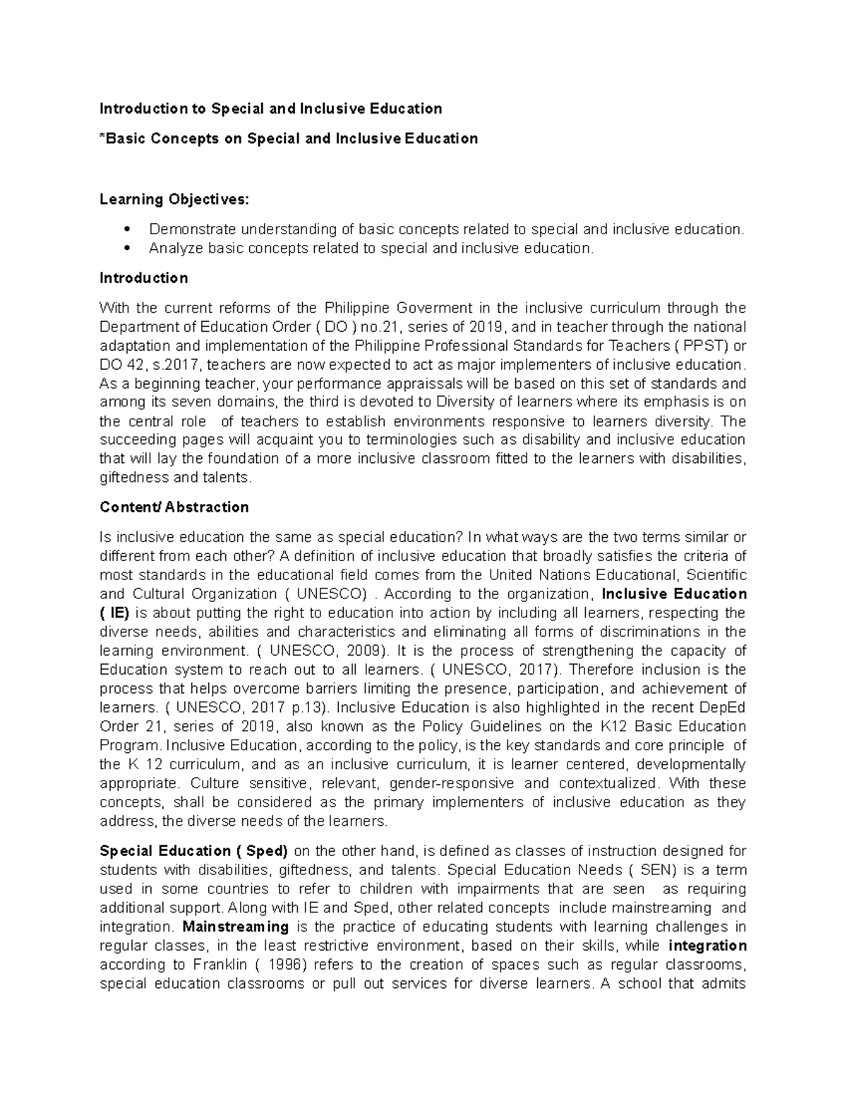 Introduction to Special and Inclusive Education - Analyze basic ...