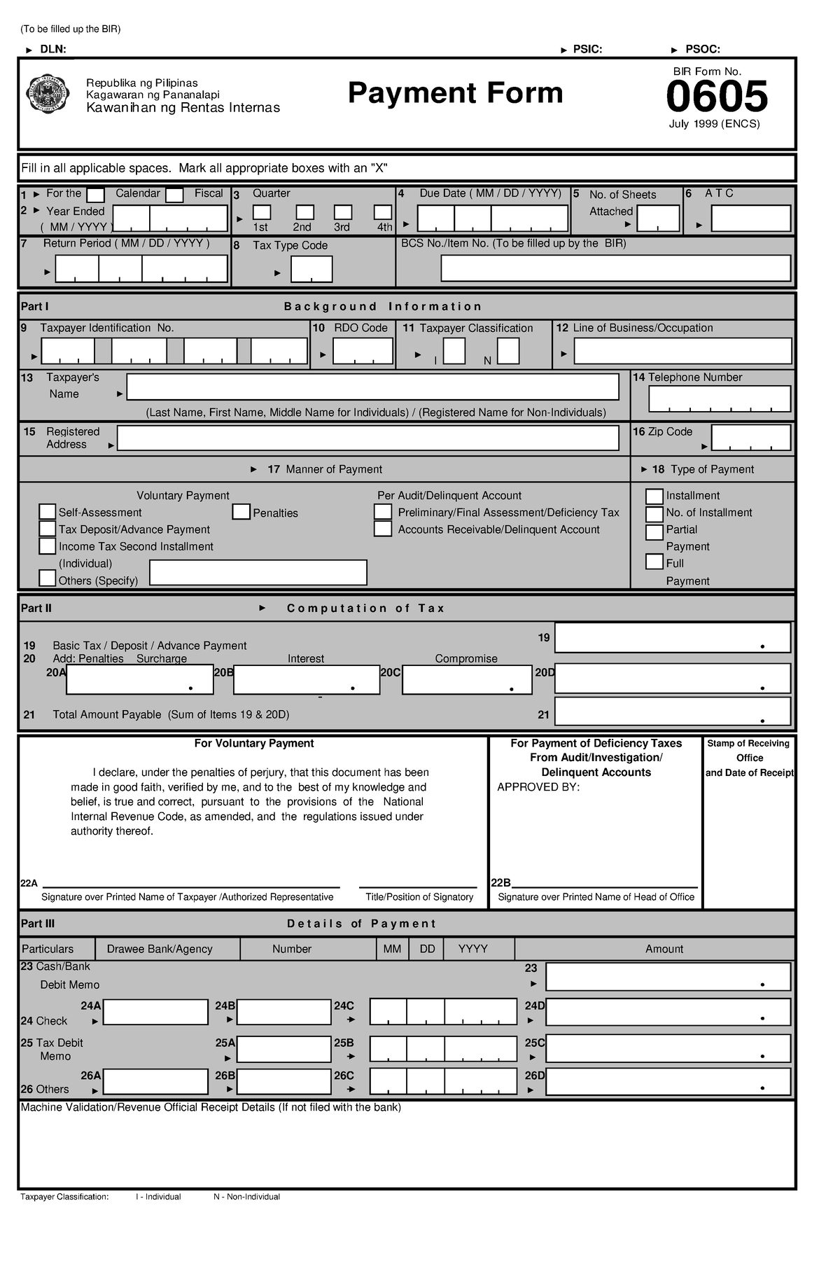 0605version 1999 09 - For Bir - (To Be Filled Up The BIR) DLN: PSIC ...