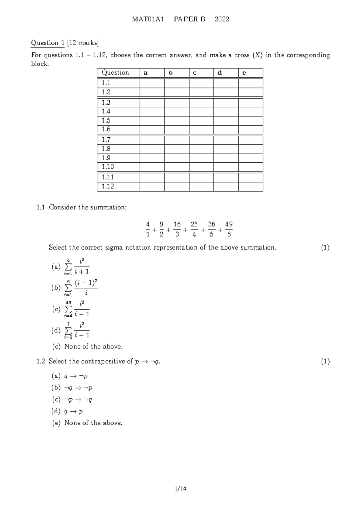 MAT01A1 - practice - Question 1 [12 marks] For questions 1 – 1, choose ...