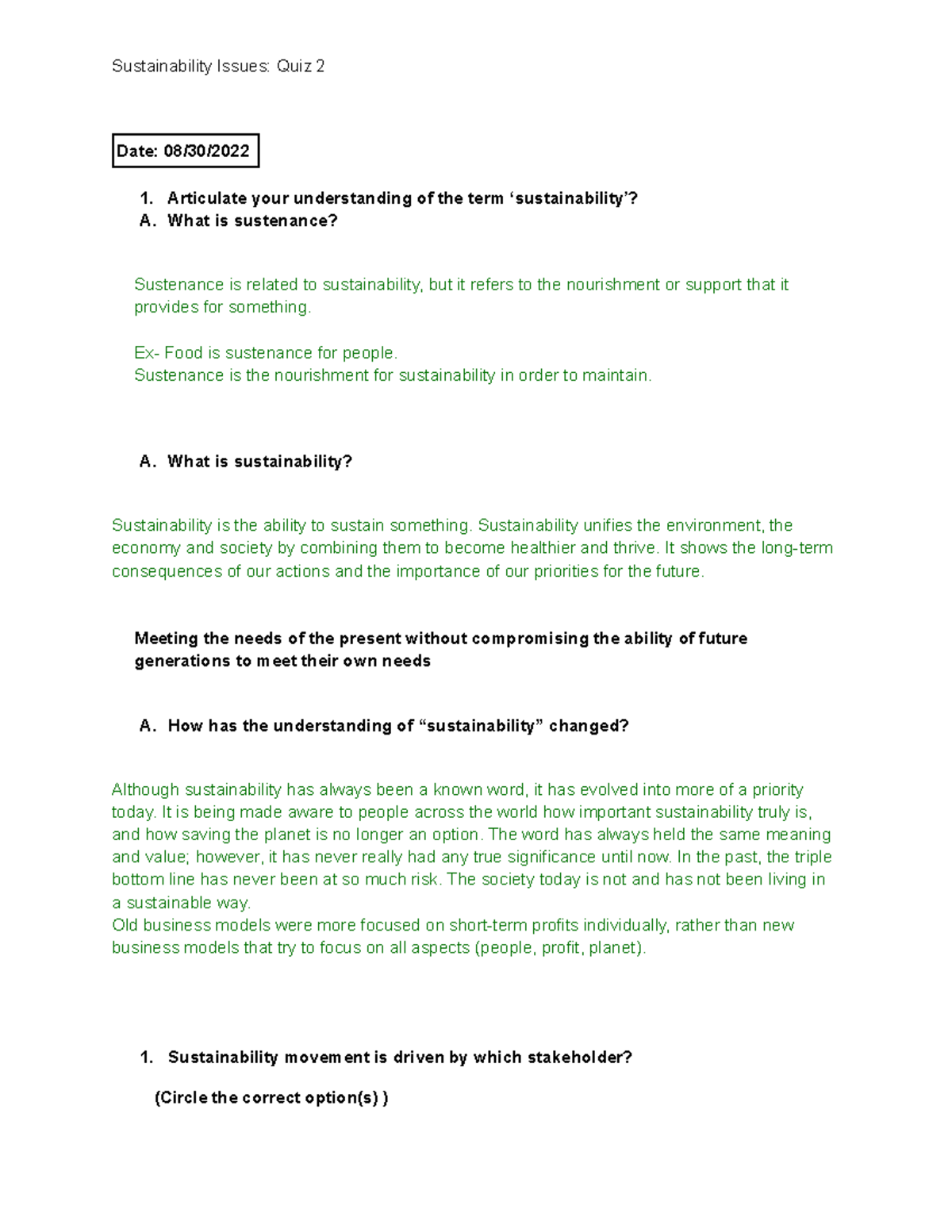 Quiz 2 - Quiz 1- Reddy- Sustainability - Sustainability Issues: Quiz 2 ...