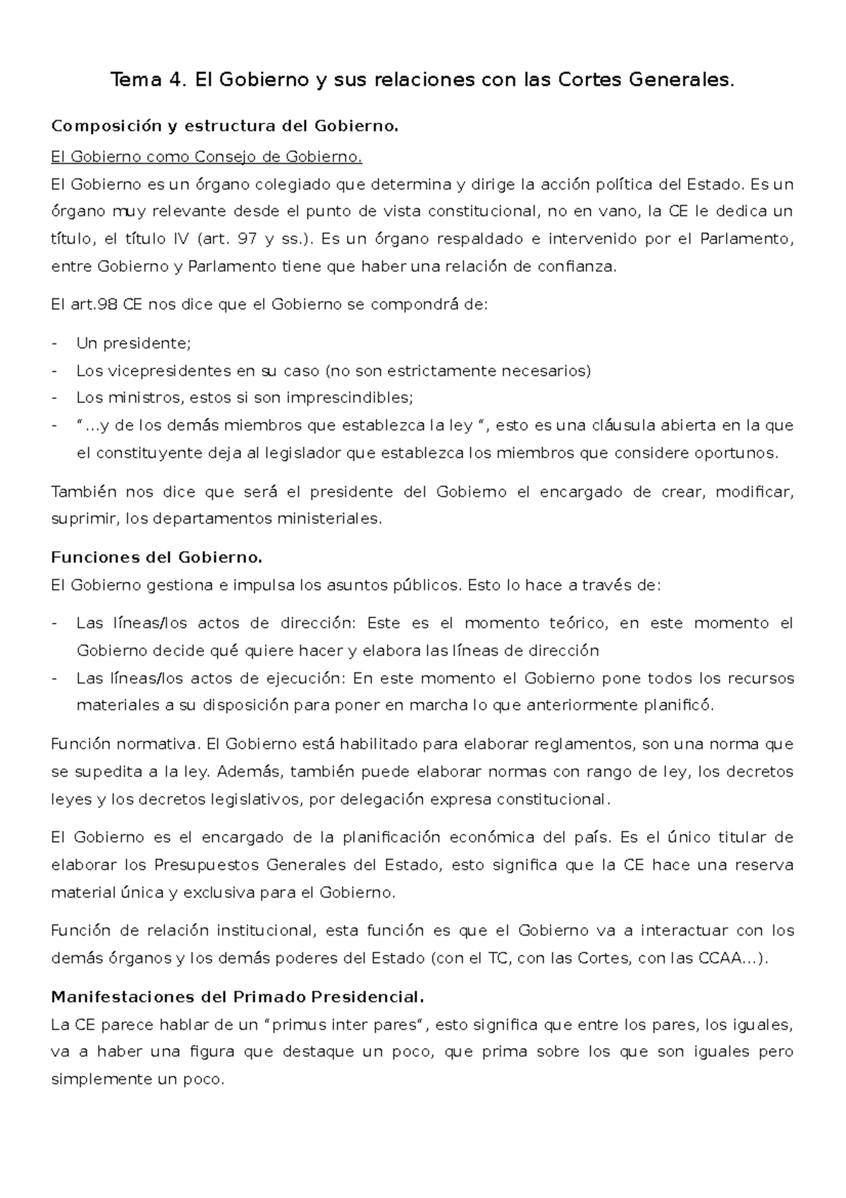Tema 4. El Gobierno y sus relaciones con las Cortes Generales - Tema 4 ...