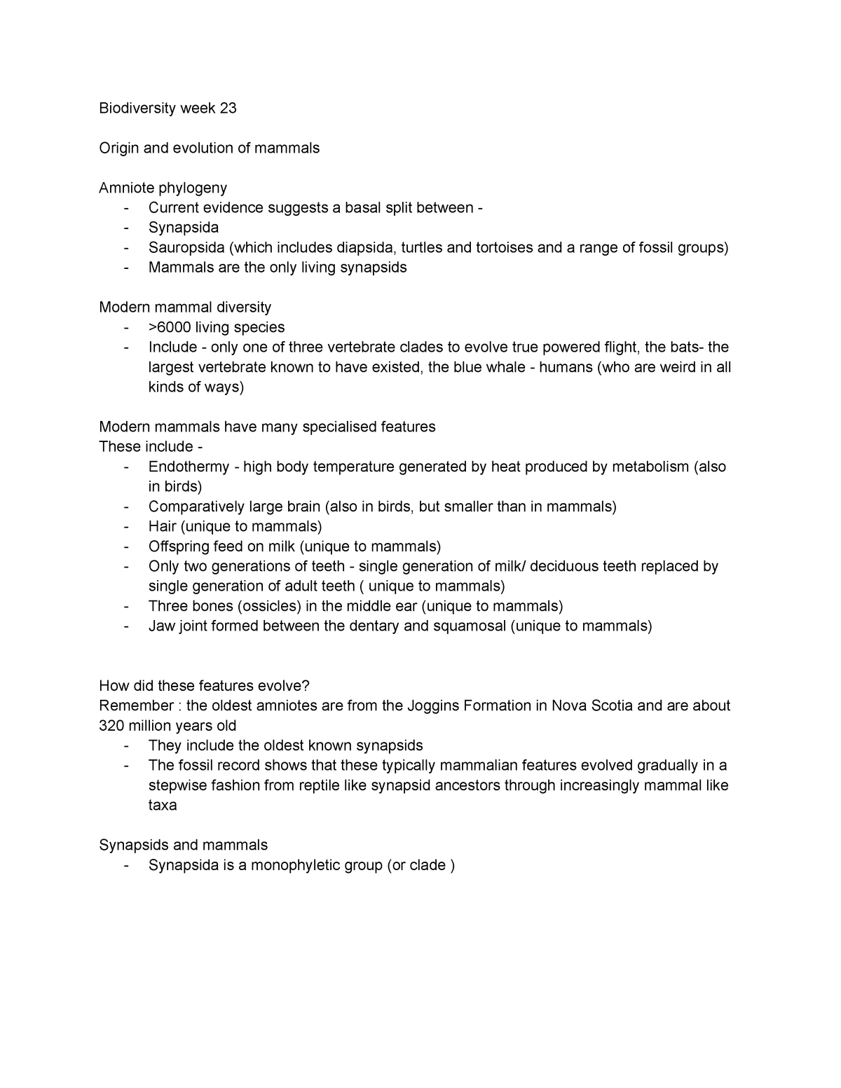 Biodiversity week 23 - Lecture notes 23 - Biodiversity week 23 Origin