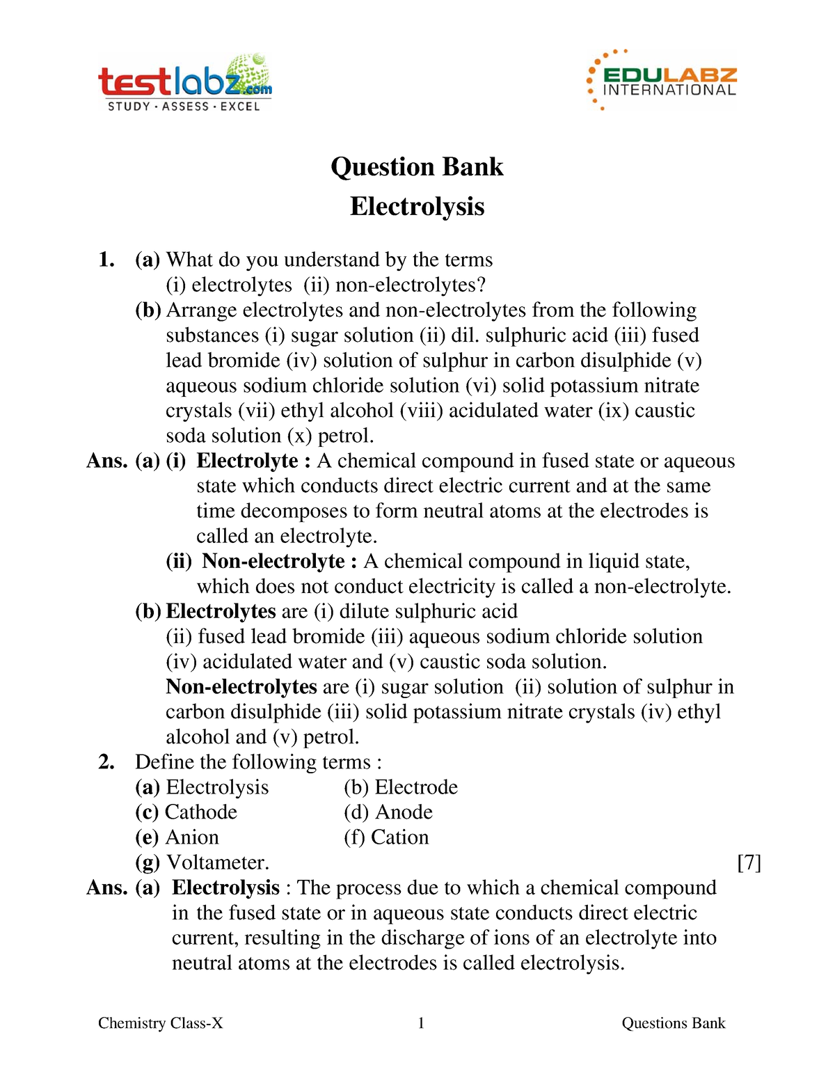 Electrolysis testlabs q+a=lesson - Question Bank Electrolysis (a) What ...