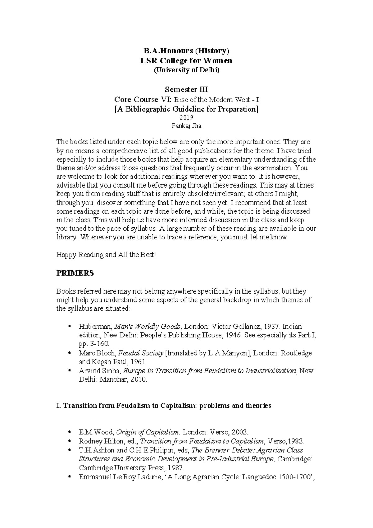 Modern West I Sem3 Biblio CBCS 2019 B.A (History) LSR College for