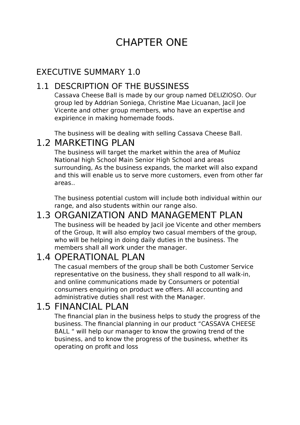 sample of business plan chapter one