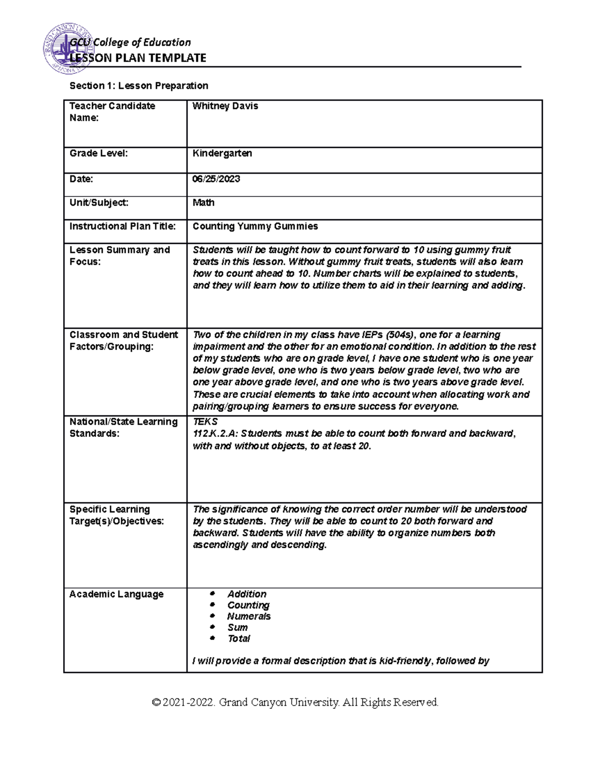 ELM 470 Math Lesson Plan - LESSON PLAN TEMPLATE Section 1: Lesson ...