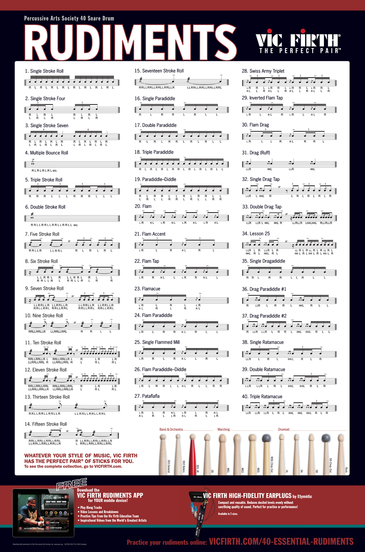 Vic Firth Rudiments Poster 2016 - Percussive Arts Society 40 Snare Drum ...