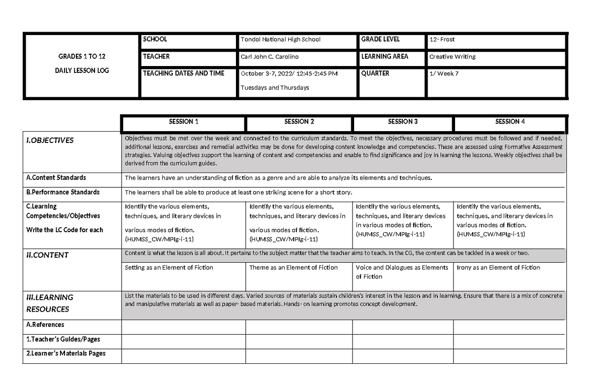 creative writing daily lesson log and lesson plan - GRADES 1 TO 12 ...