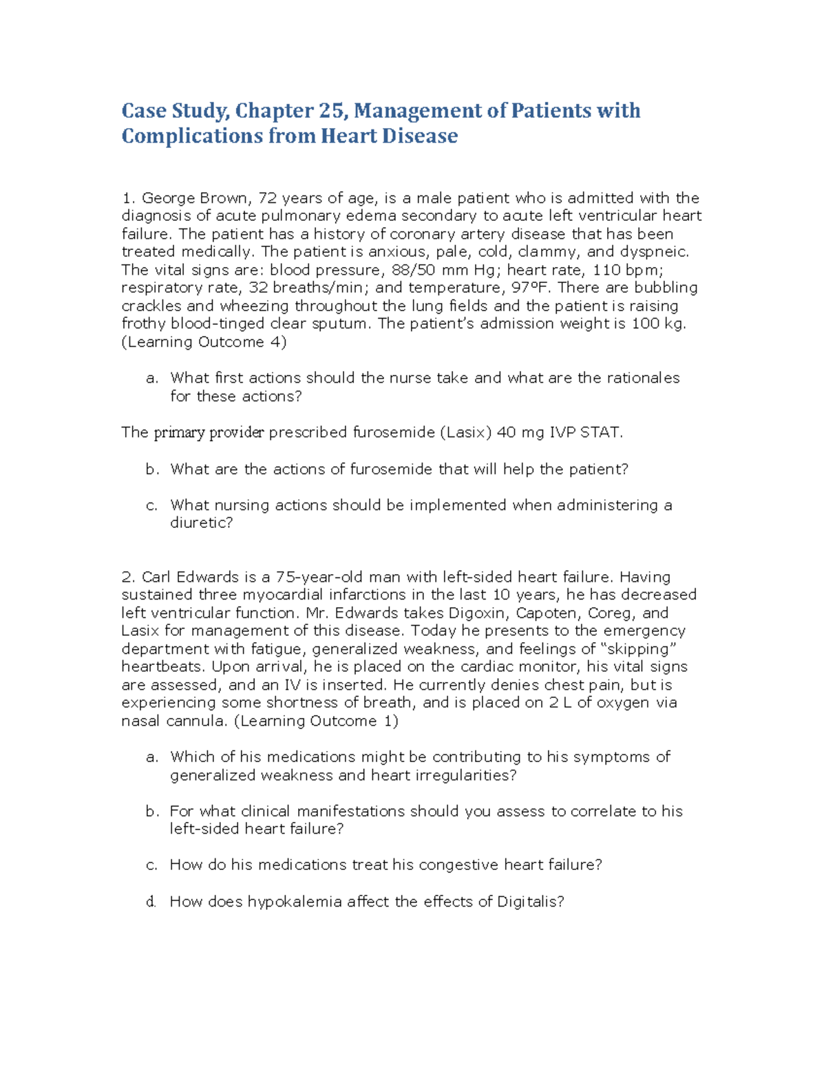 Case Study Cardiac Chpt 25 Case Study, Chapter 25, Management of Patients with Complications