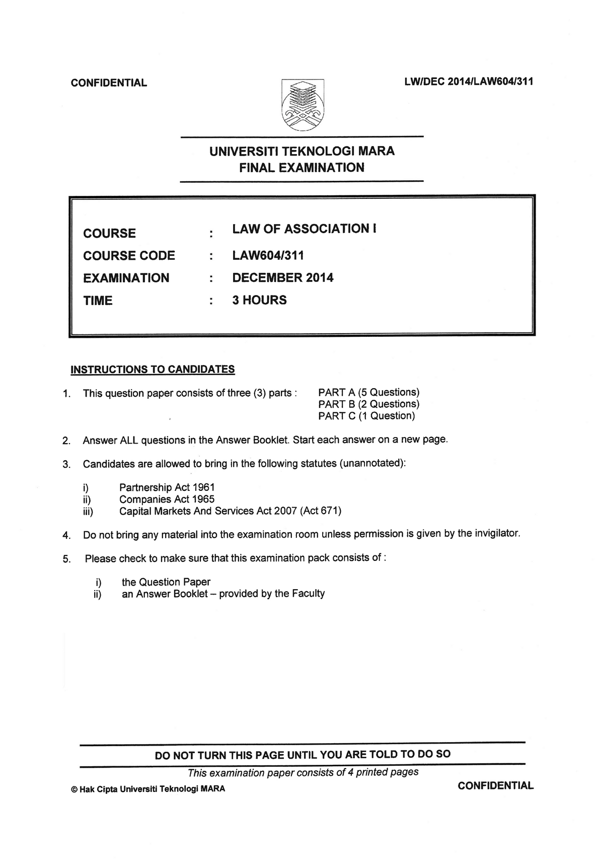 Exam December 2014, questions - Law of Association I - LAW604 