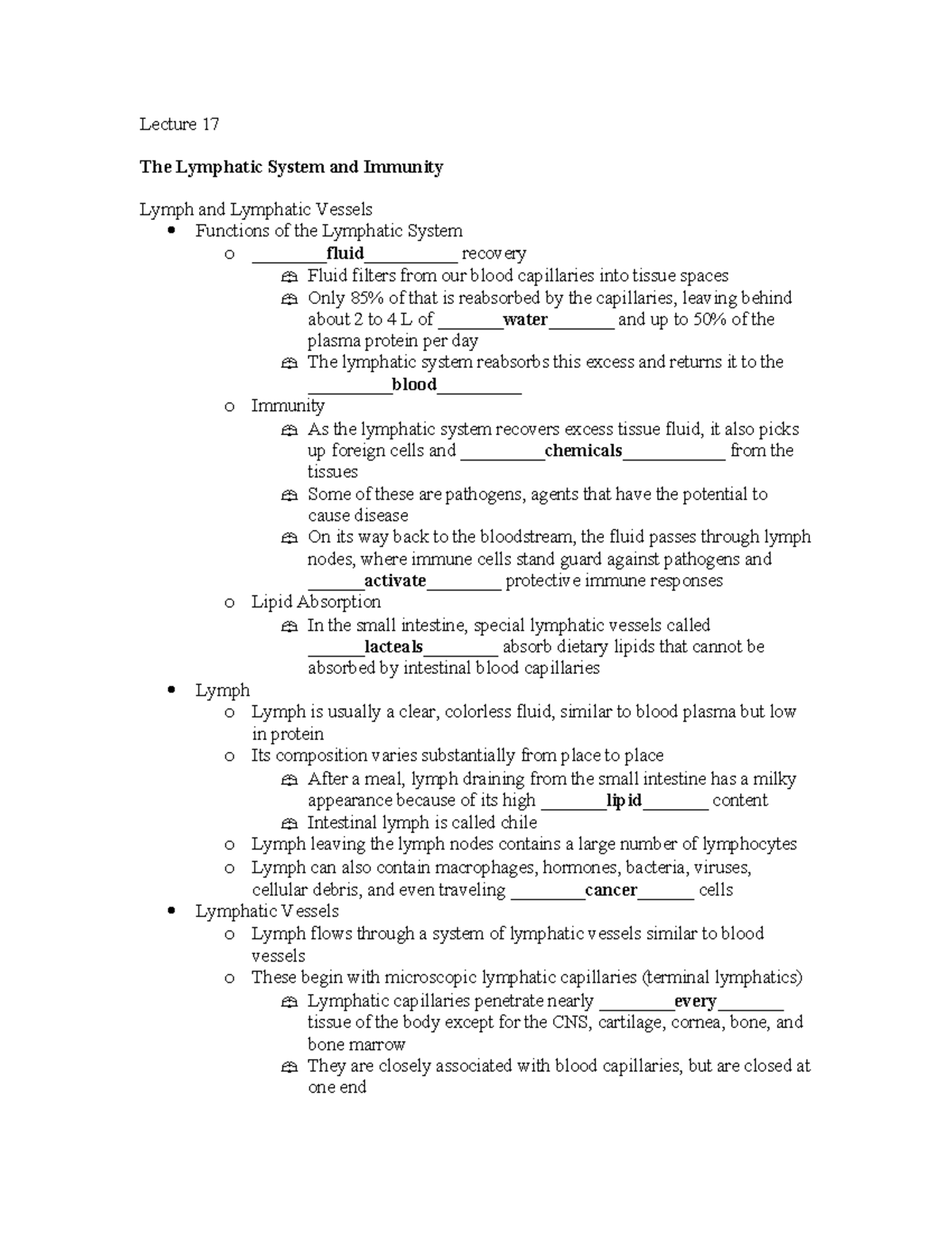 Outline 17 - Lecture 17 The Lymphatic System and Immunity Lymph and ...