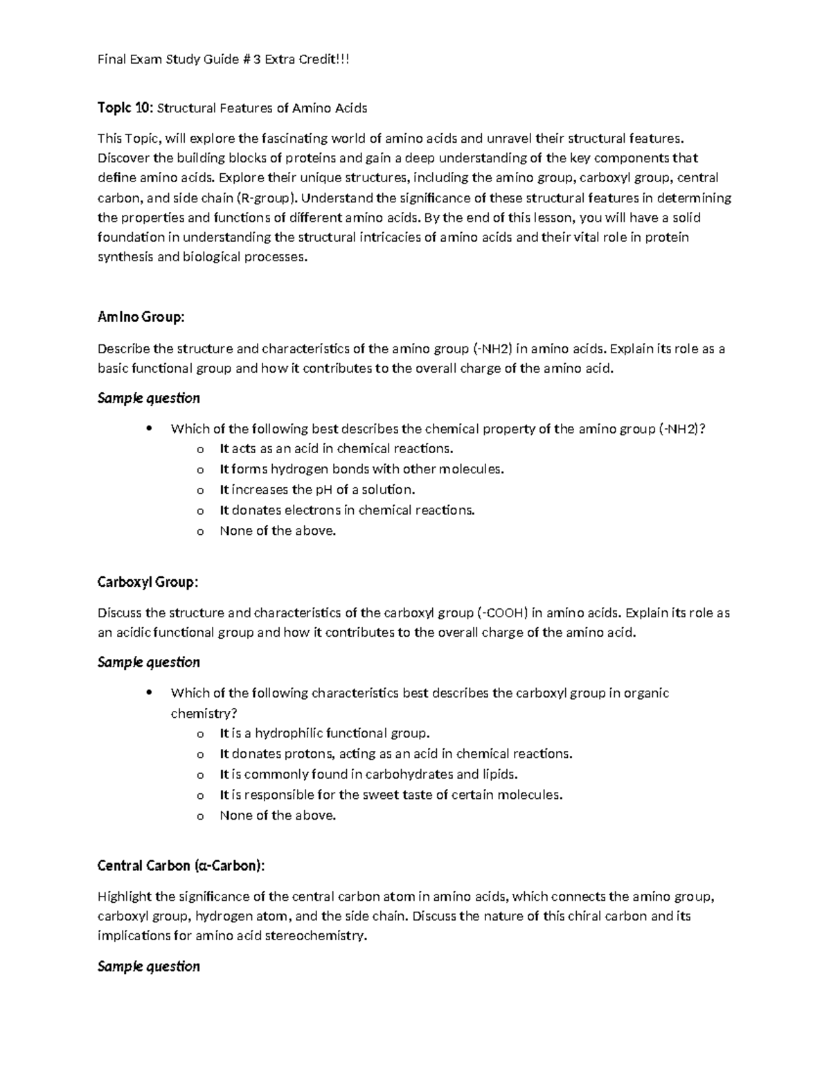 3rd Final Exam Study Guide - Topic 10: Structural Features of Amino ...