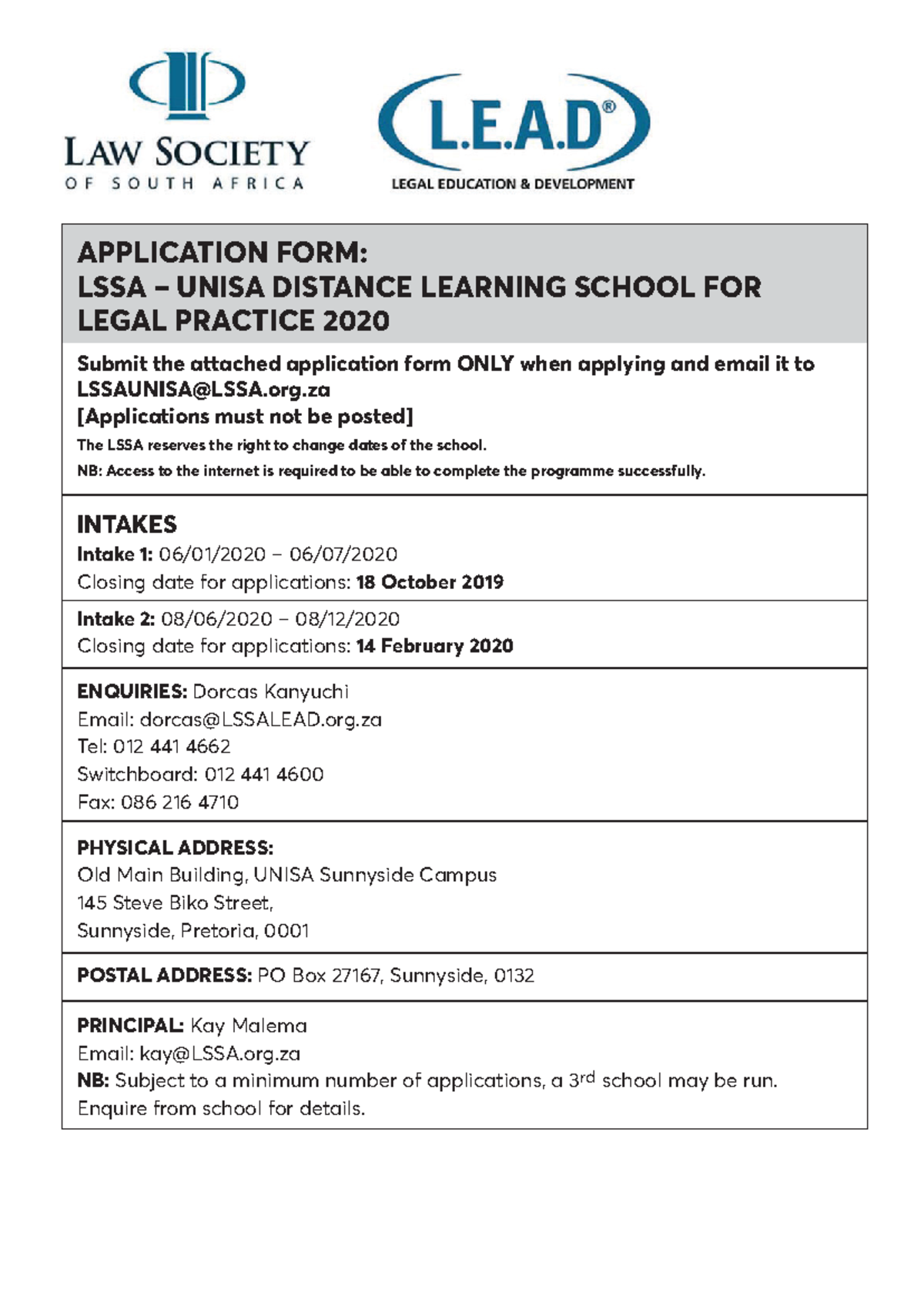 LAWSociety Unisa Appl 2020 - APPLICATION FORM: LSSA – UNISA DISTANCE ...