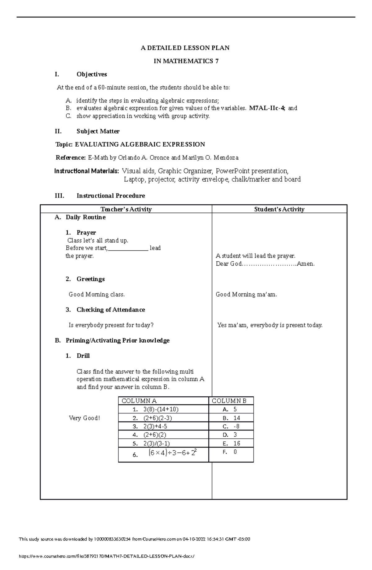 MATH7 Detailed Lesson PLAN .docx - Domaines Et Techniques De Recherche ...
