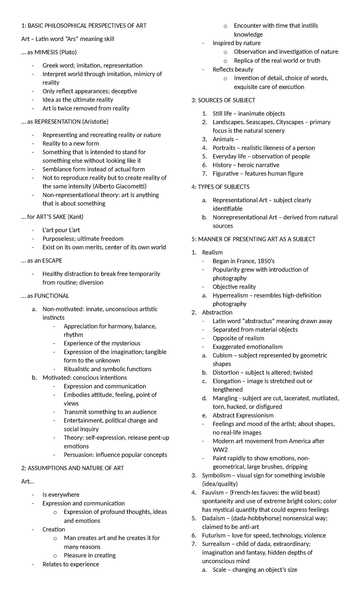 Notes - 1: BASIC PHILOSOPHICAL PERSPECTIVES OF ART Art – Latin word ...