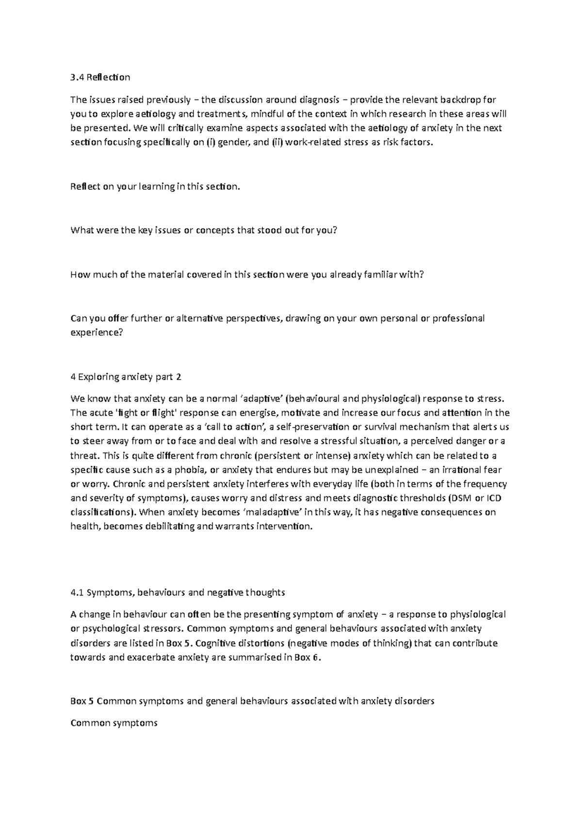 Symptoms behaviours and negative thoughts - 3 ReflectionThe issues ...