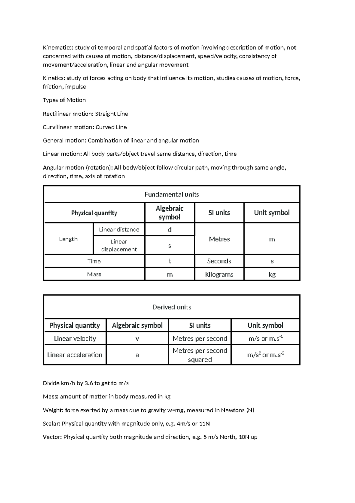 BHM notes - Kinematics: study of temporal and spatial factors of motion ...