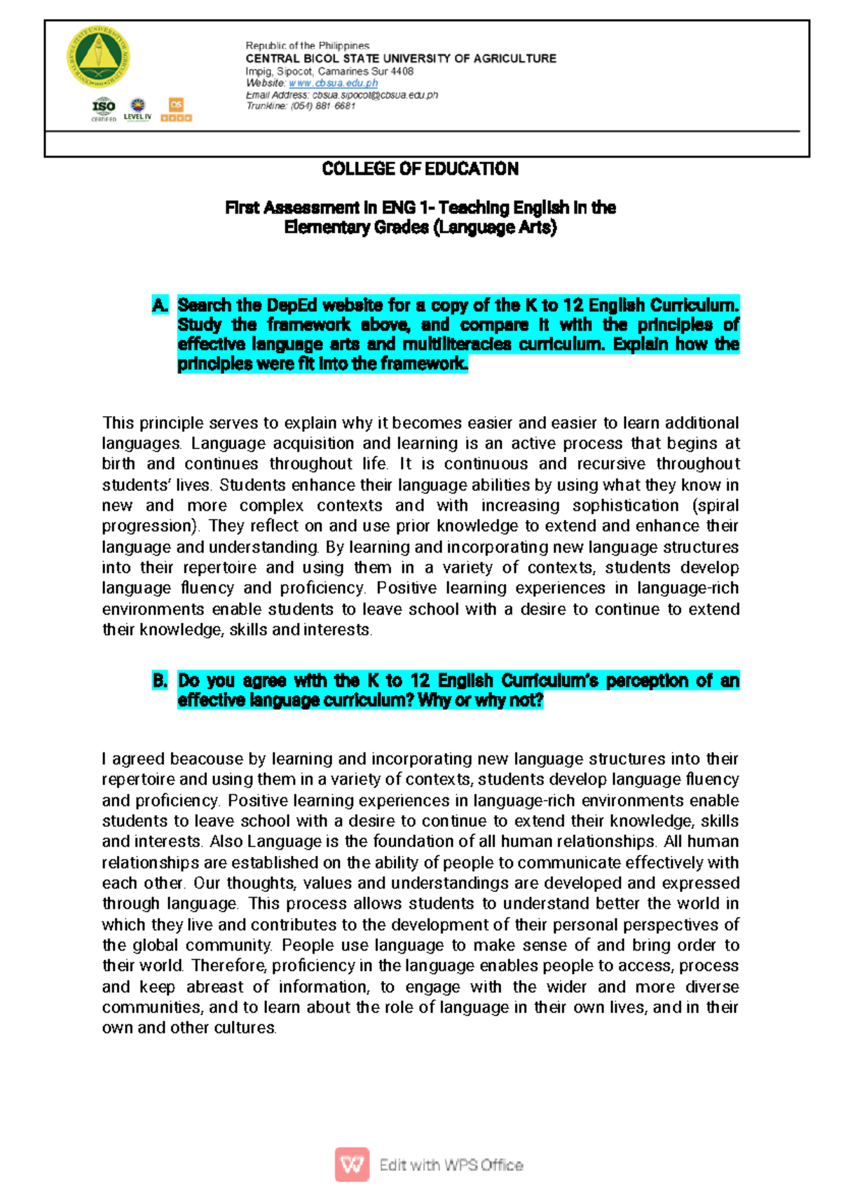 Firstassessment mark COLLEGE OF EDUCATION First Assessment in ENG 1
