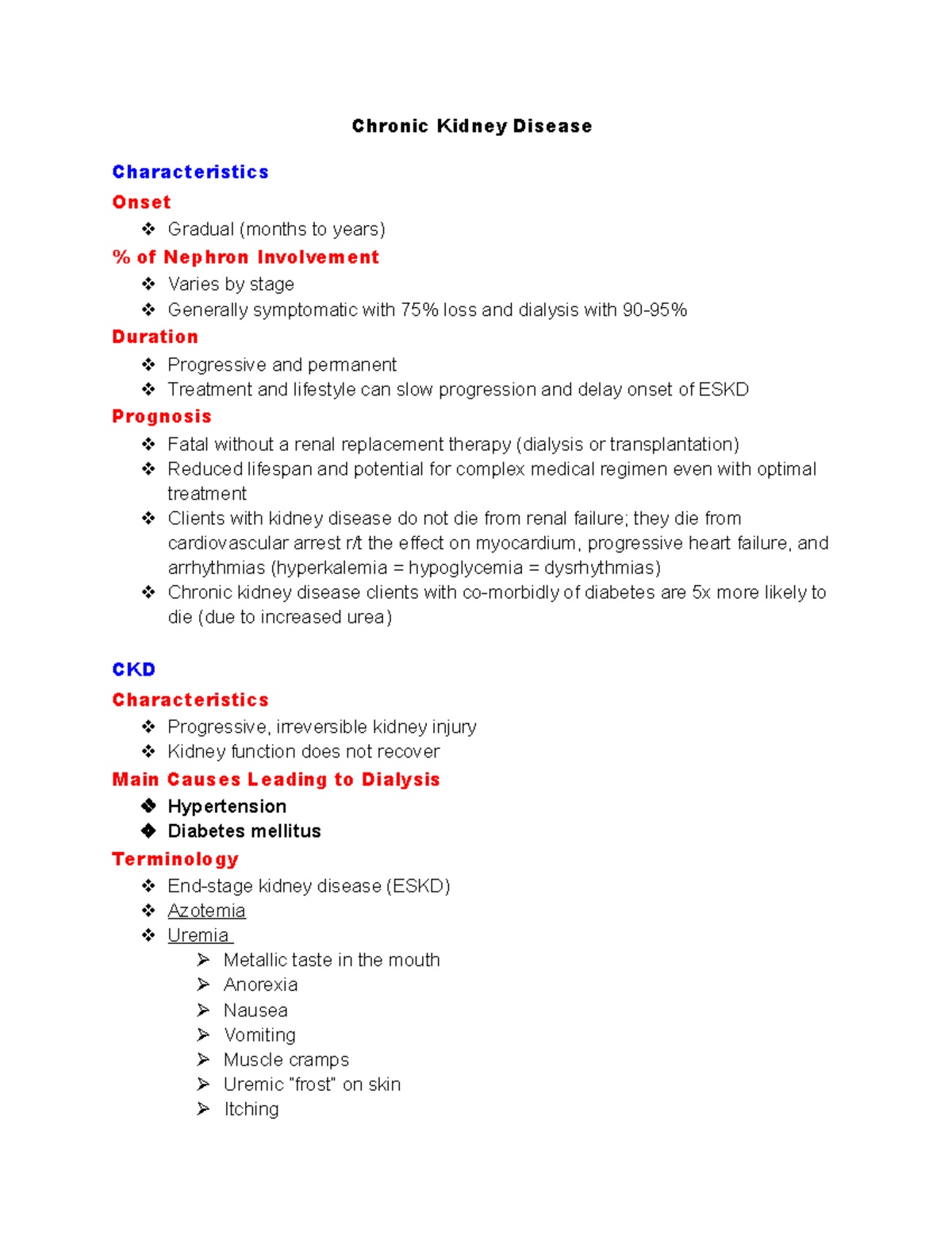 NUR 213 CKD study guide - Chronic Kidney Disease Characteristics Onset ...