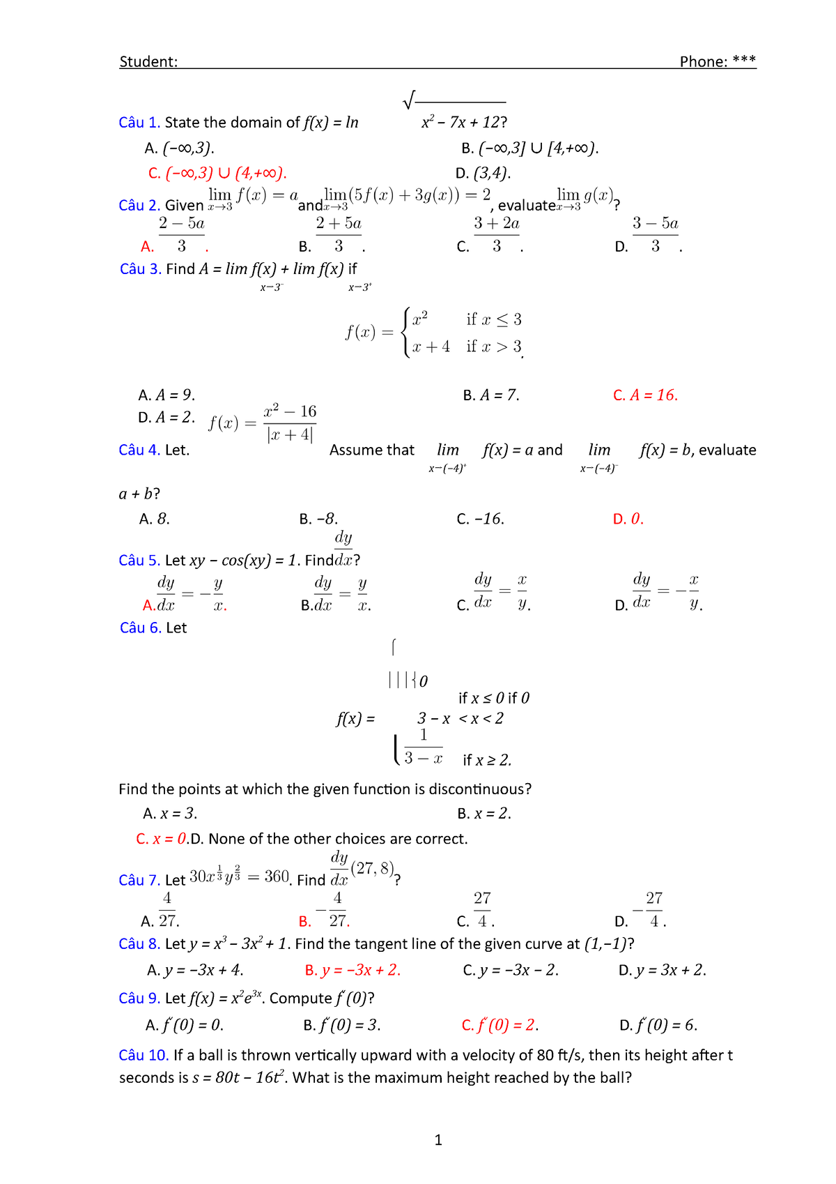 Bai Tap TNKQ - asfafafa - √ Câu 1. State the domain of f(x) = ln x 2 − ...