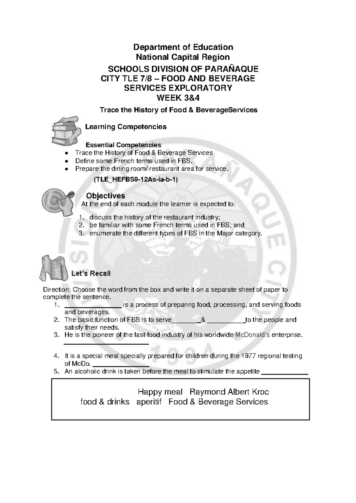 Tle 7 And 8 Fbs Week3 4 For Grade 8 Department Of Education National Capital Region Schools 4201