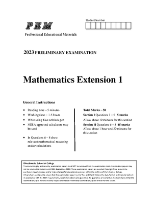 PEM 2022 Mathematics Extension 1 Preliminary Marking Criteria ...