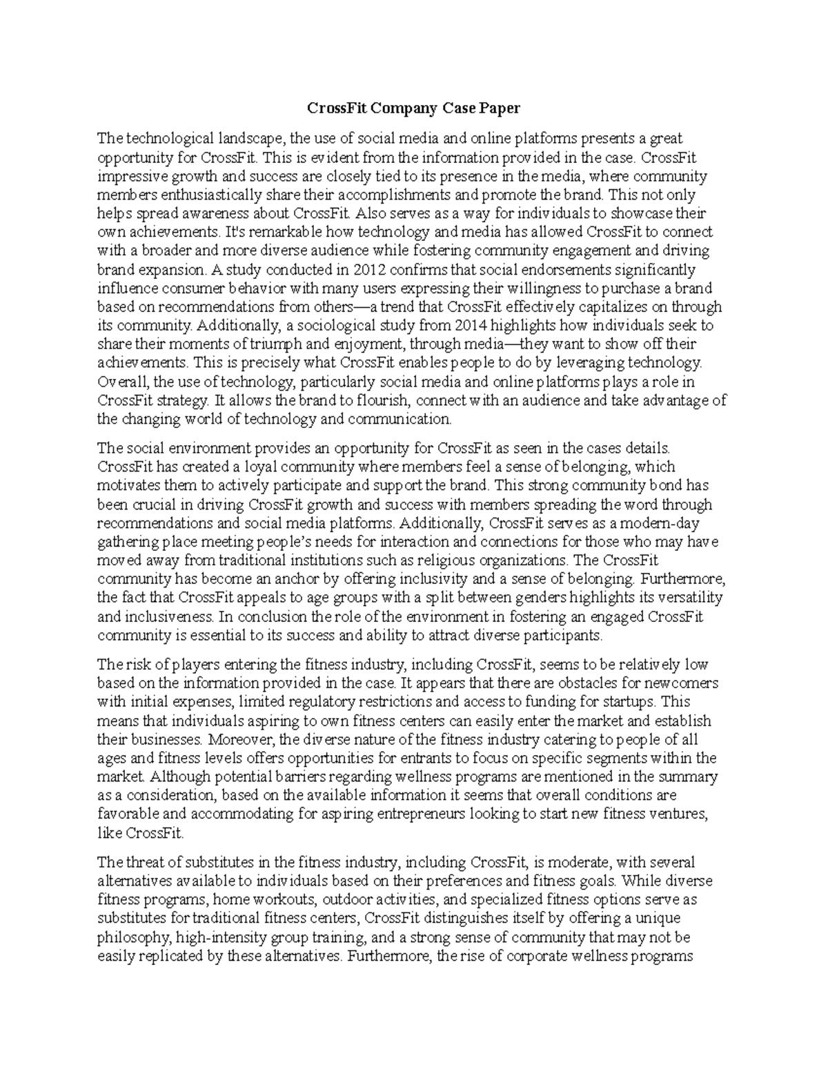 Company Case Cross Fit - CrossFit Company Case Paper The technological ...