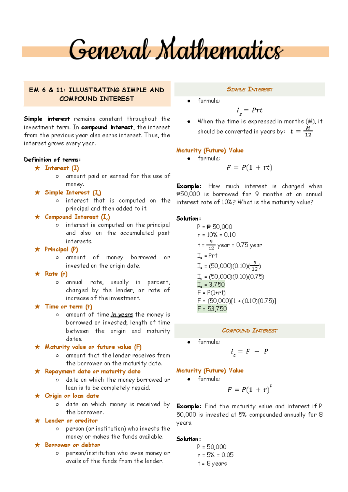 General Mathematics Reviewer Em 6 And 11 Illustrating Simple