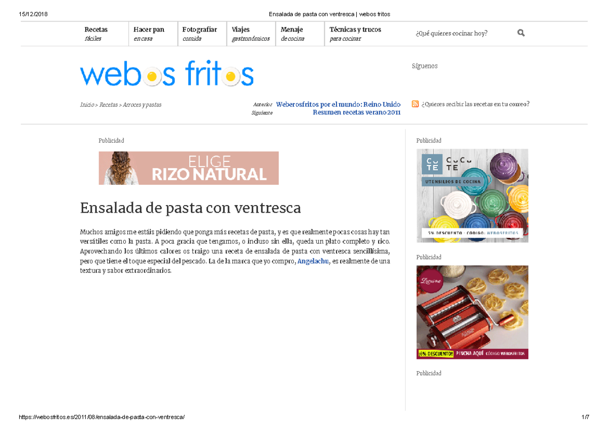 Ensalada de pasta con ventresca webos fritos Inicio > Recetas