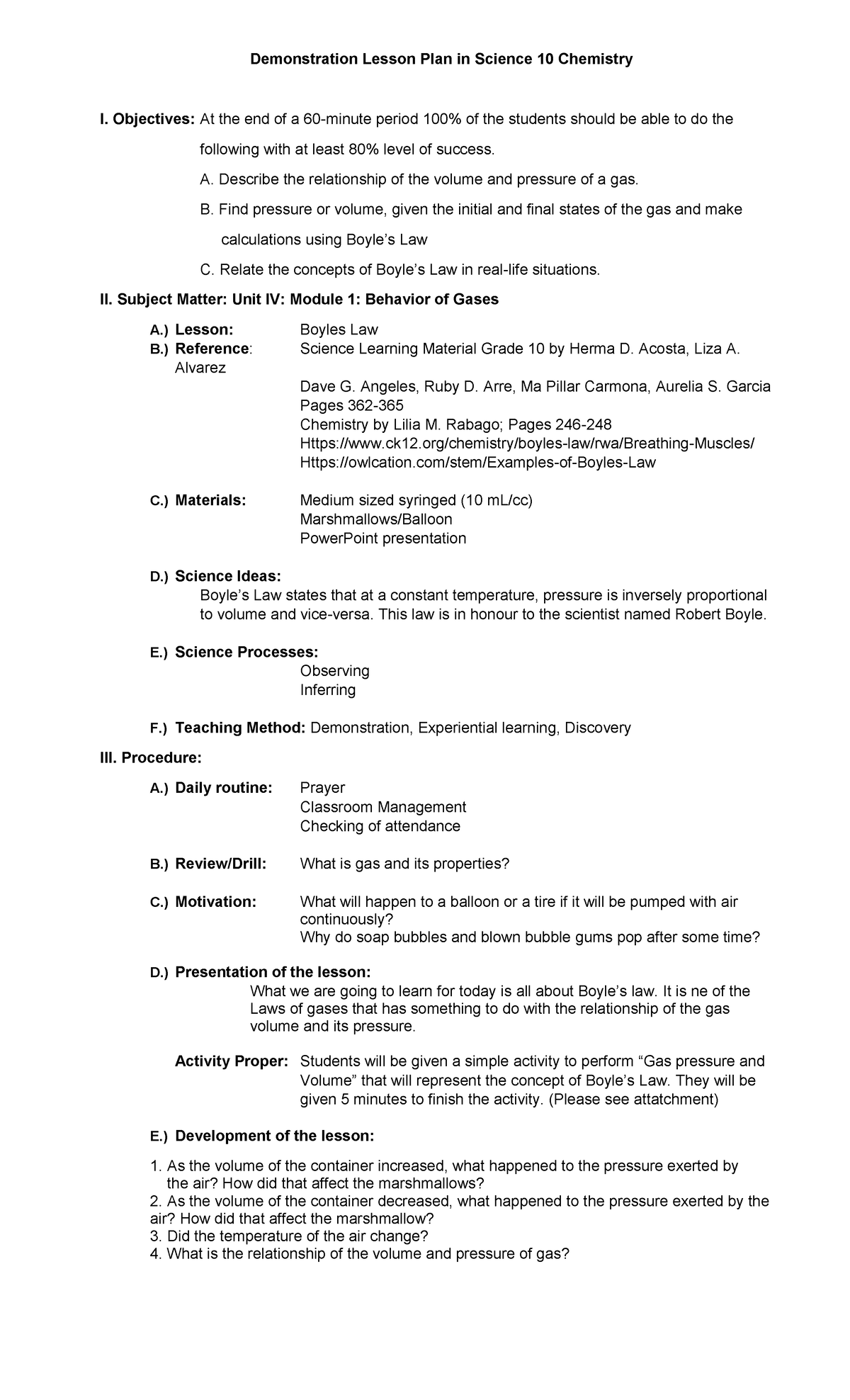 Pdfcoffee boyles law lesson plan1 - Demonstration Lesson Plan in ...