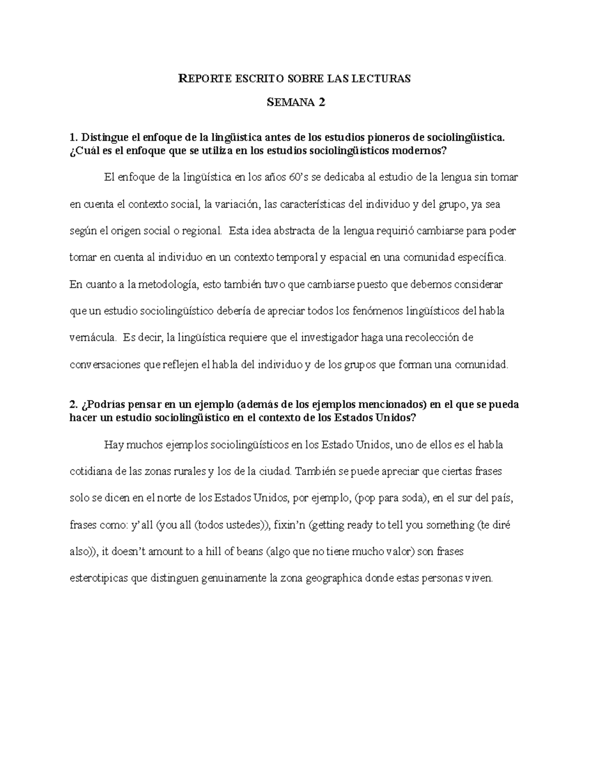 Reporte escrito sobre las lecturas - REPORTE ESCRITO SOBRE LAS LECTURAS ...