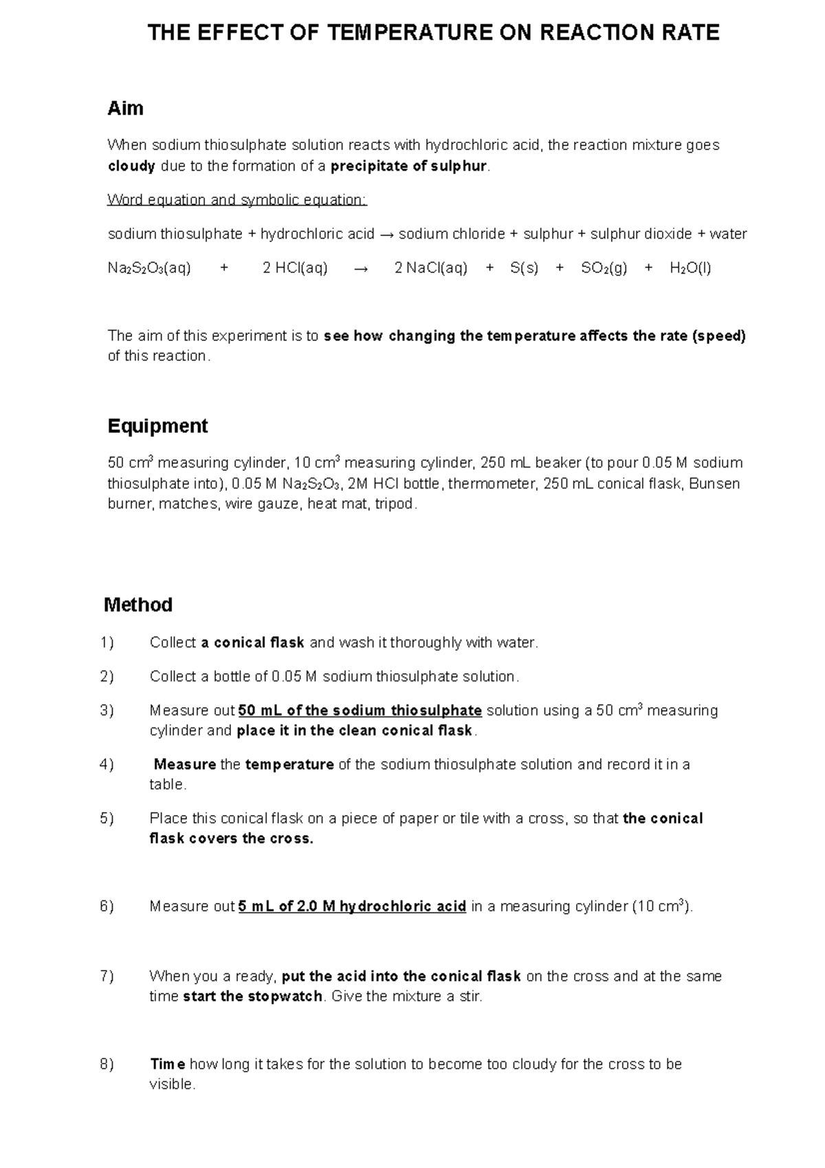 Expt 2021 Assessment TASK Hypo Cross - THE EFFECT OF TEMPERATURE ON ...