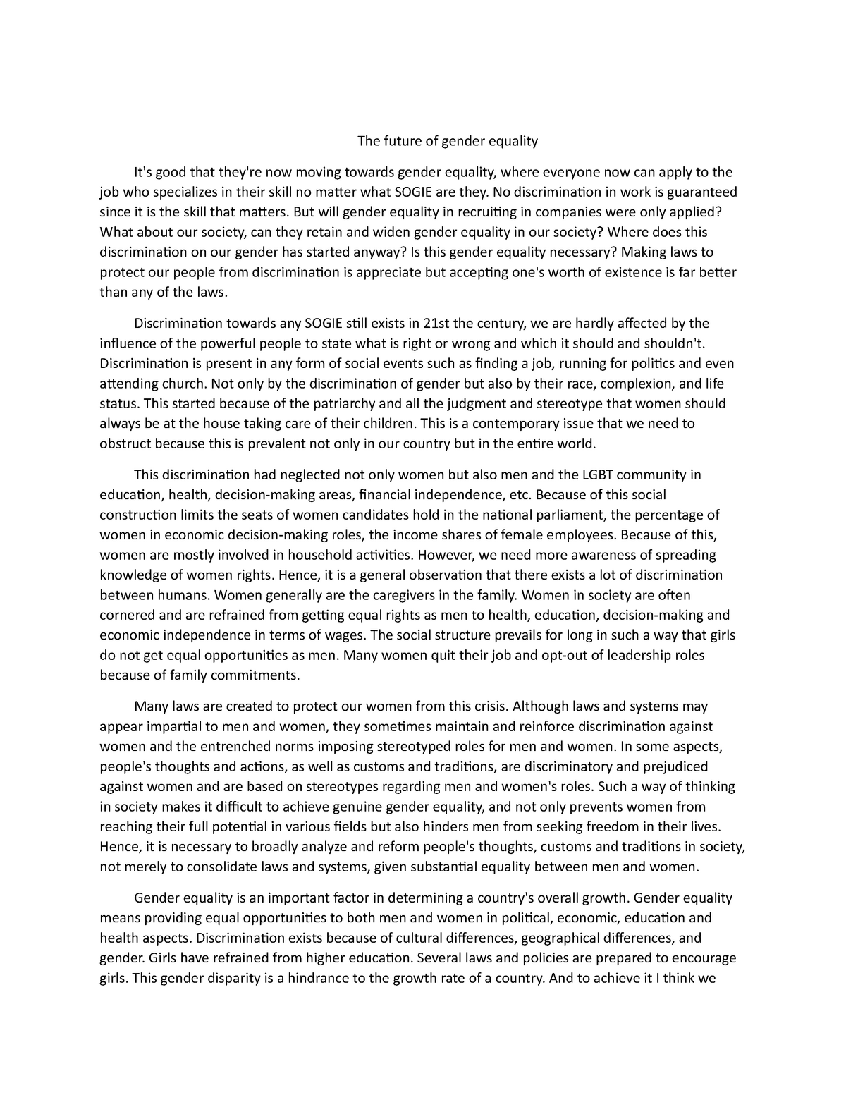 the future gender equality response essay