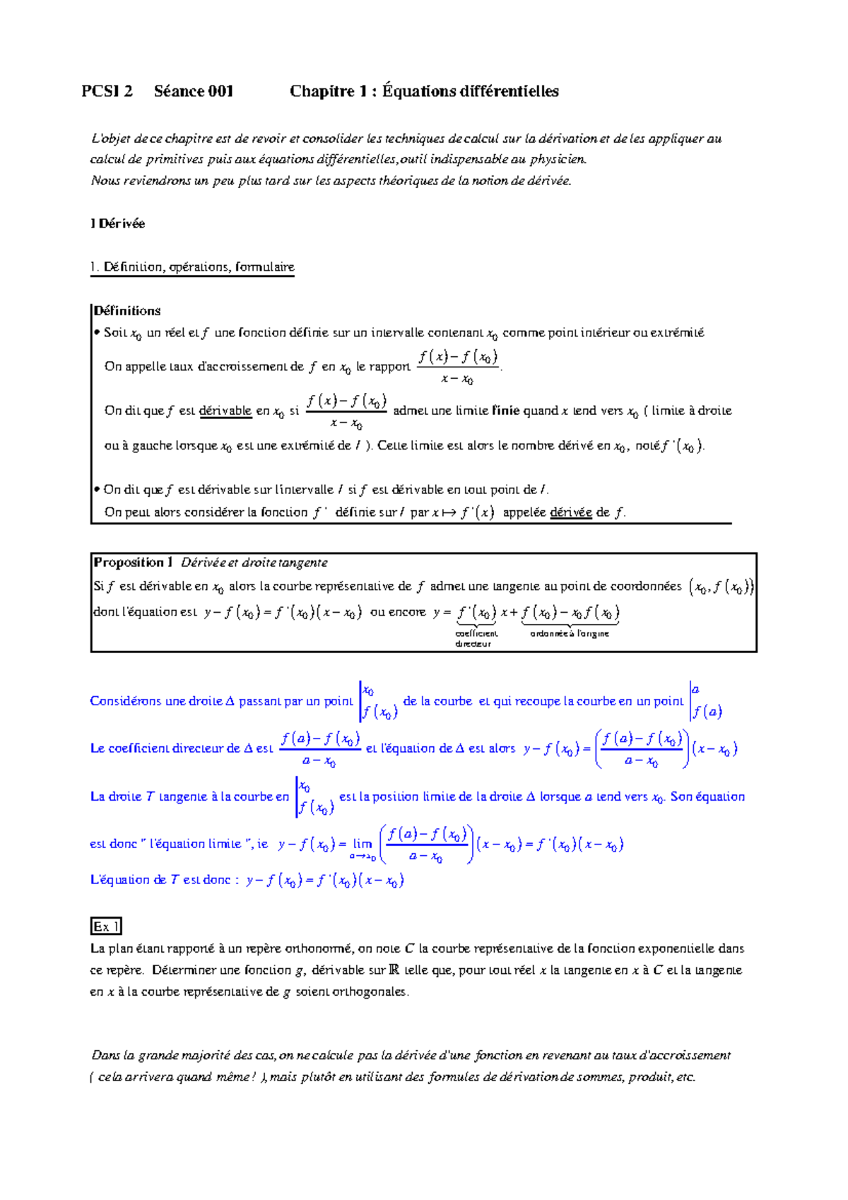 Chapitre équations Différentielles/dérivation Pratique - ####### L ...