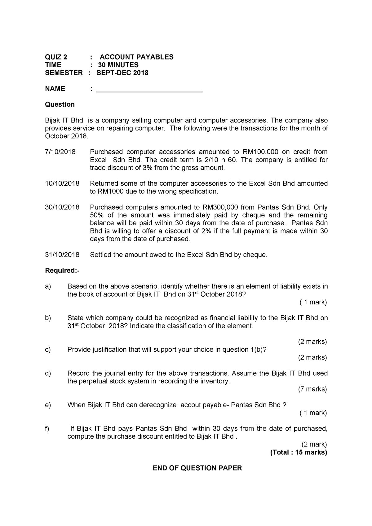 Sample QUIZ - Payables - Semester SEPT-DEC 2018 - QUIZ 2 : ACCOUNT ...