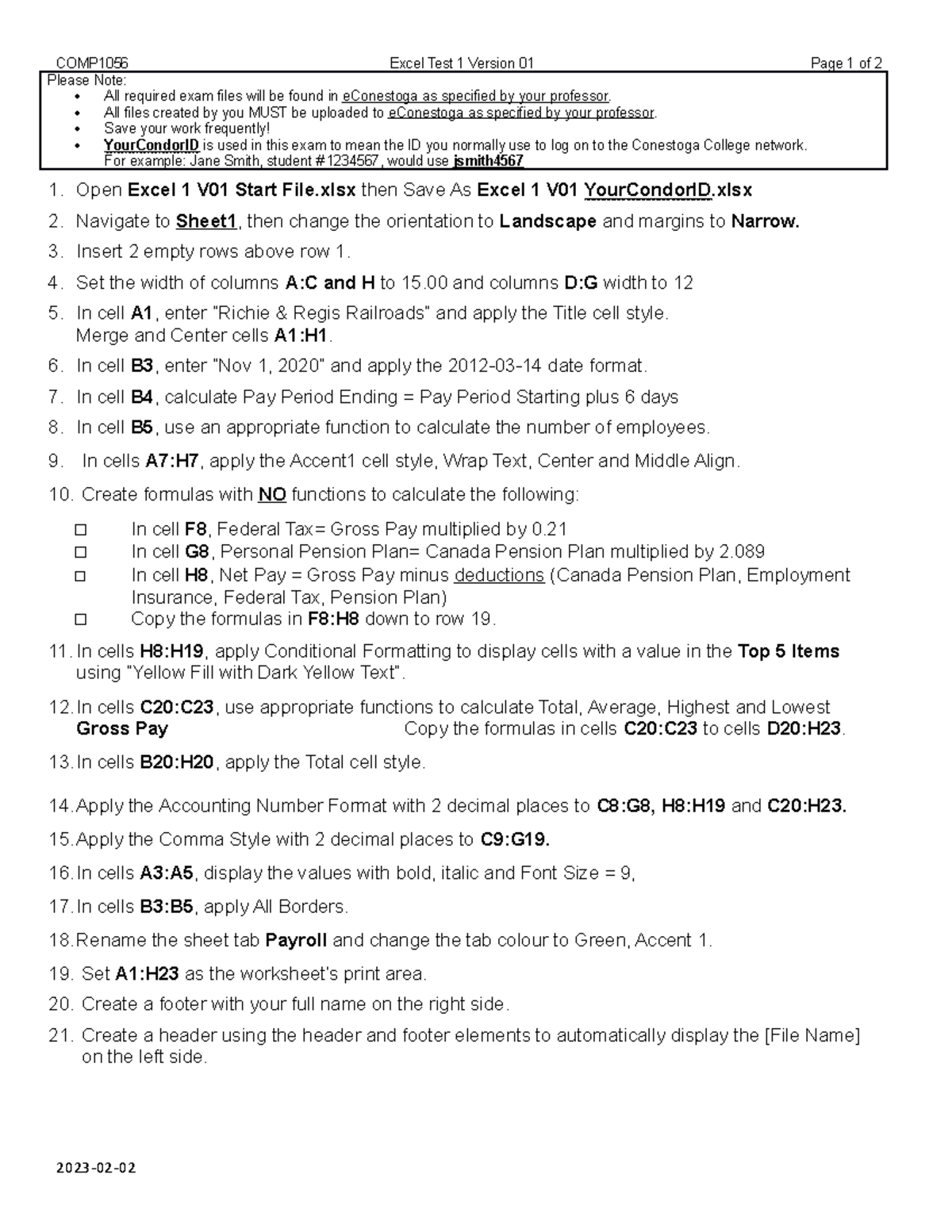 excel-1-v01-instructions-comp1056-excel-test-1-version-01-page-1-of-2