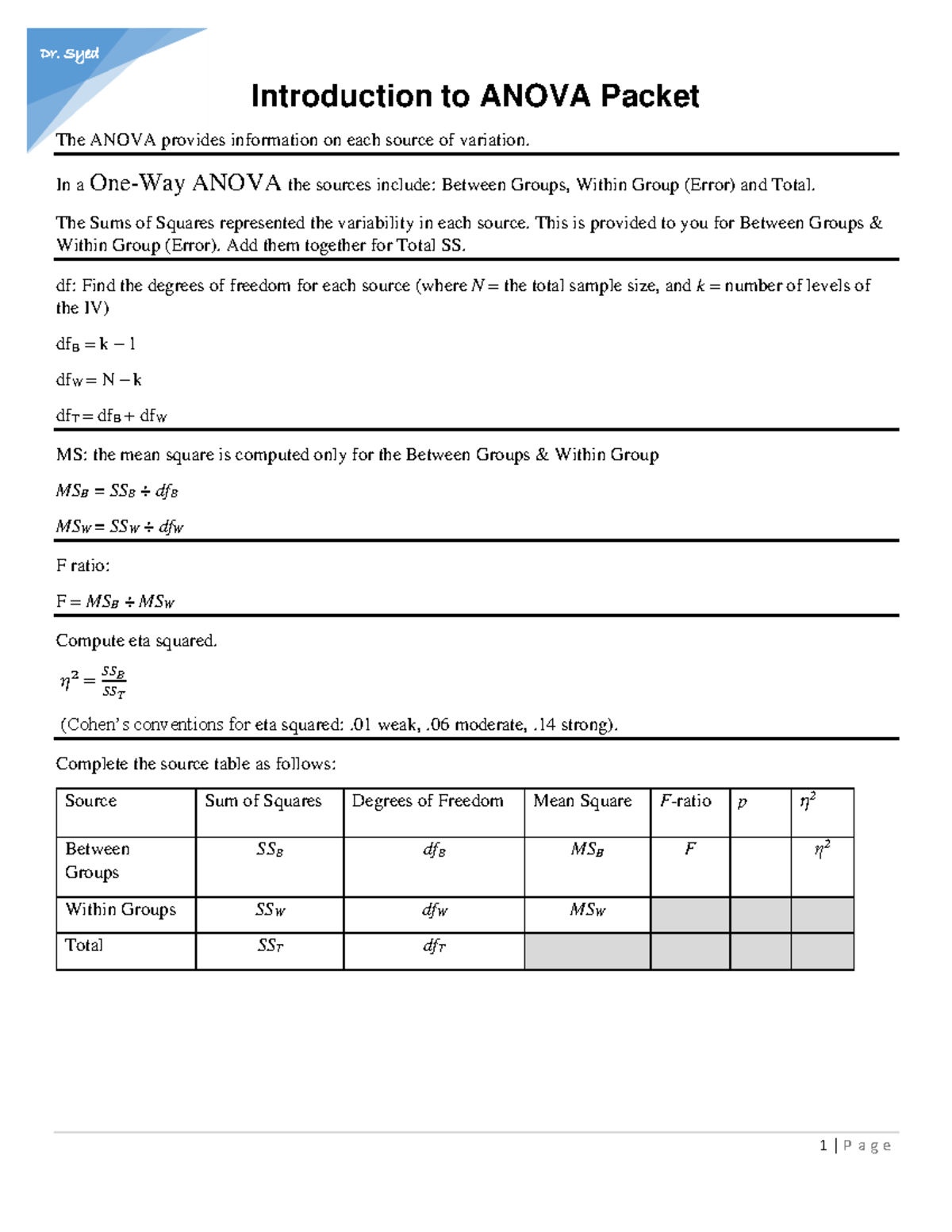 PSYC212 Handout 7 Intro to Anova packet - Introduction to ANOVA Packet ...