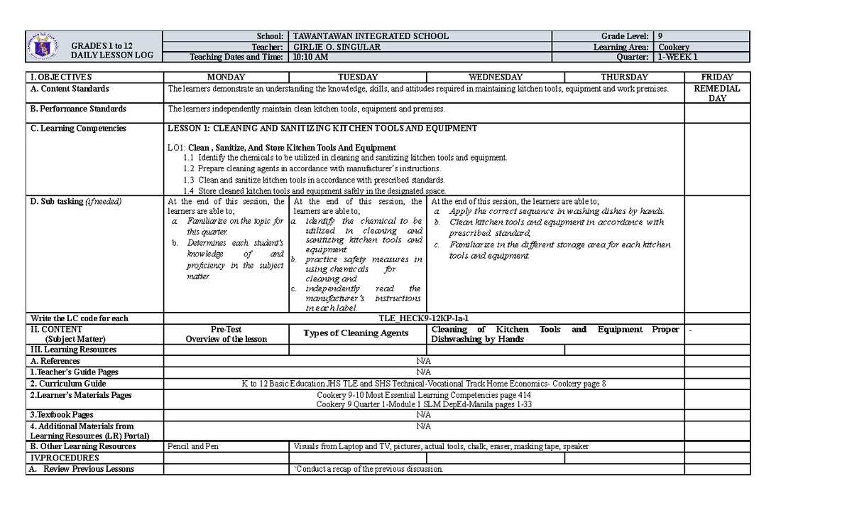 Cookery 9 DLL First Q - Can Of Help - GRADES 1 To 12 DAILY LESSON LOG ...