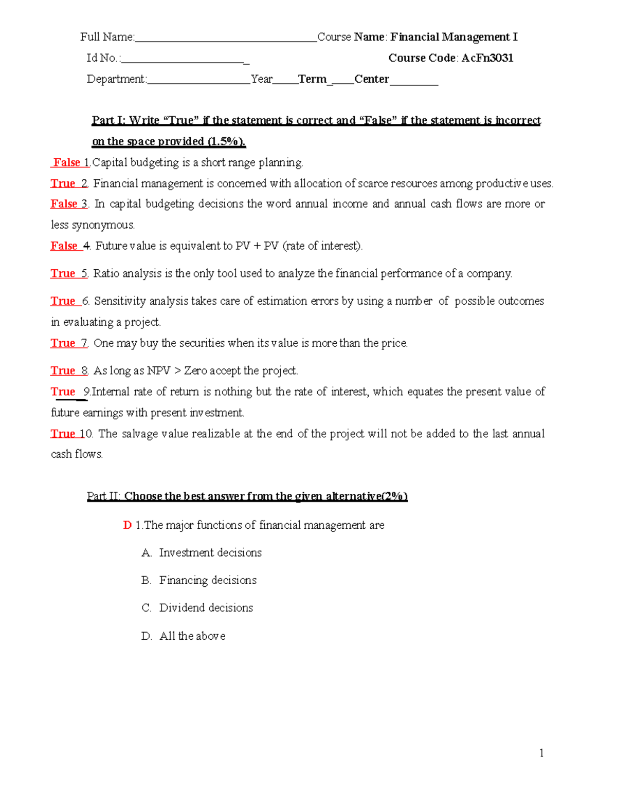 Financial Management I Worksheet. Assignment - Full Name: Course Name ...