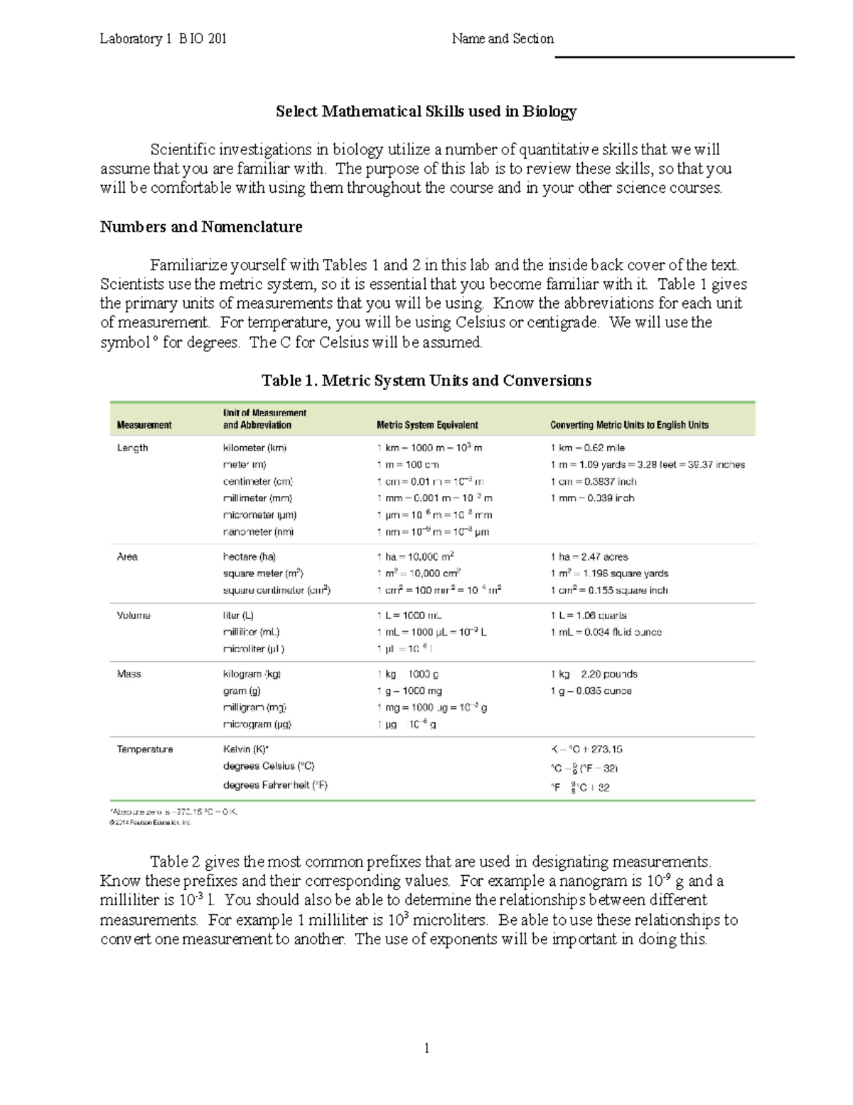 Laboratory 1 Fall 2019 - Bio 201 lab worksheet - Select Mathematical ...