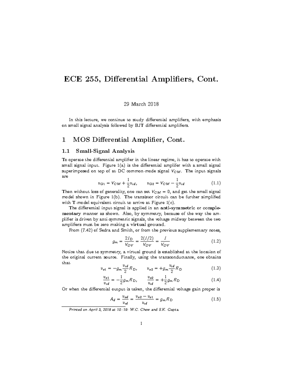 Ece255Lecture 19 Mar29 Diff Amp Cont ECE 255, Differential Amplifiers